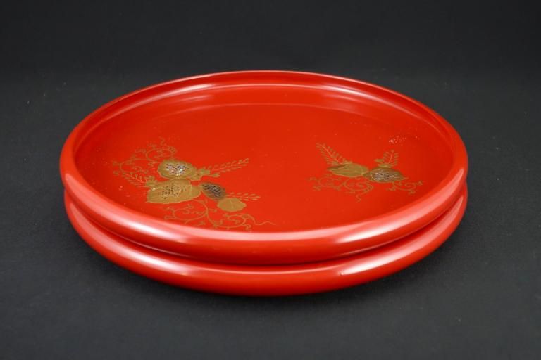 朱塗桐螺鈿蒔絵七寸小丸盆 二枚組 / Small red-lacquered Round Trays  set of 2
