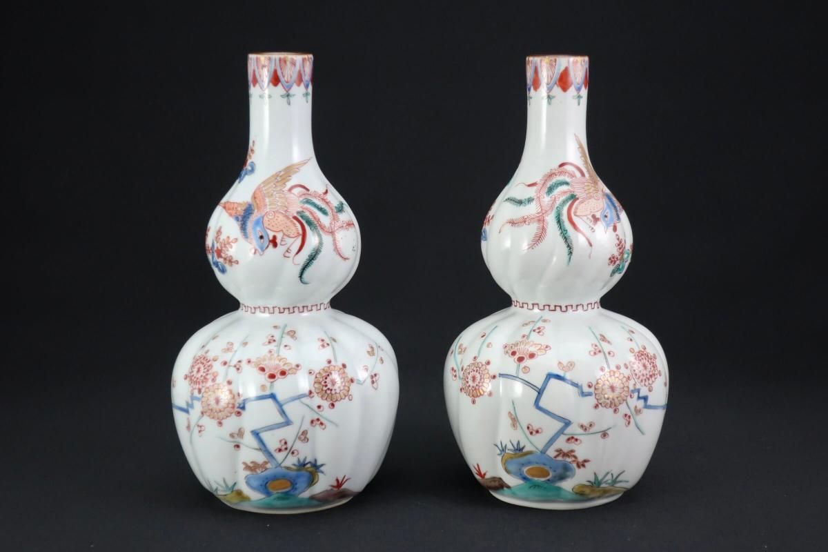 値下げ‼️柿右衛門様式　古伊万里　有田焼　徳利　瓢型19cm 伊万里柿右衛門手瓢形徳利 一対 / Imari Polychrome 'Kakiemon