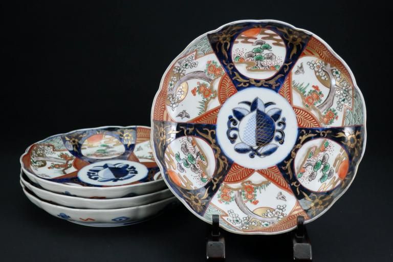 古伊万里　色絵　窓絵 獅子に花の図　４寸皿　５枚　C205AS-CVw 古伊万里 色絵 窓絵 獅子に花の図 4寸皿 5枚 C205AS-