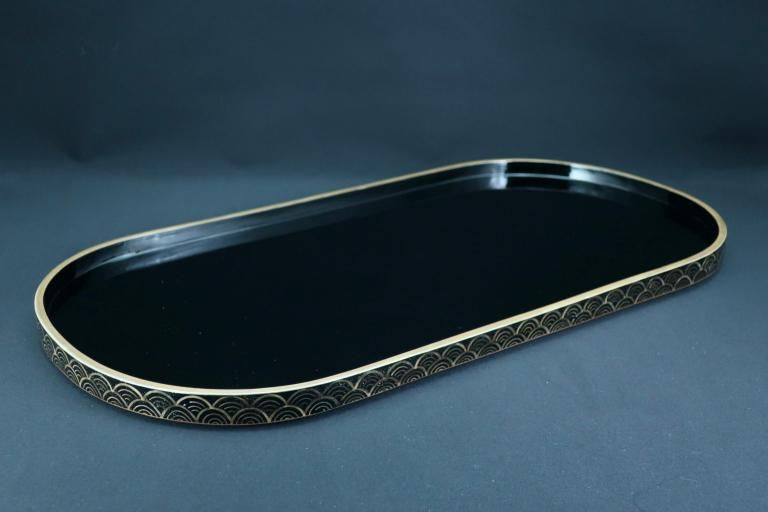 黒塗青海波加賀蒔絵楕円盆 / Black-lacquered Oval Tray