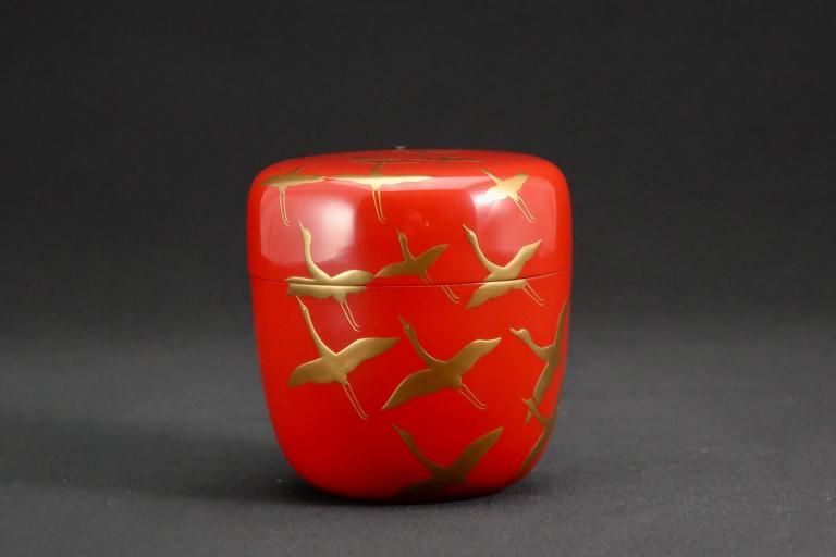 Ἤܧ / 'Natsume' Red-lacquered Tea Caddy with 'Makie' picture of Flying Cranes