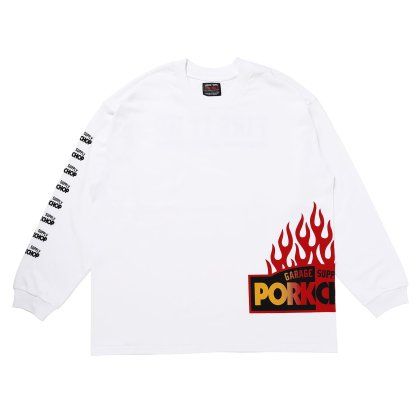 <img class='new_mark_img1' src='https://img.shop-pro.jp/img/new/icons5.gif' style='border:none;display:inline;margin:0px;padding:0px;width:auto;' />PORKCHOP GARAGE SUPPLY FIRE BLOCK MULTI L/S TEE/WHITE