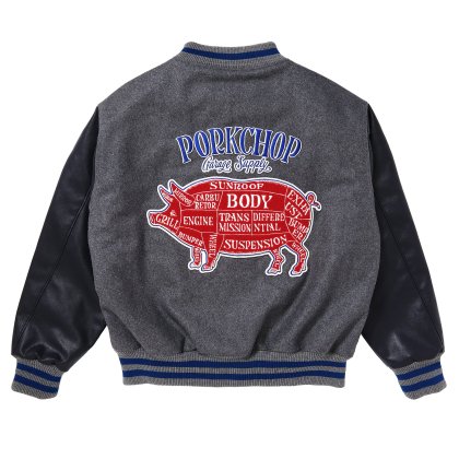 <img class='new_mark_img1' src='https://img.shop-pro.jp/img/new/icons5.gif' style='border:none;display:inline;margin:0px;padding:0px;width:auto;' />PORKCHOP GARAGE SUPPLY MELTON VARSITY JACKET/GRAY&#10005;NAVY