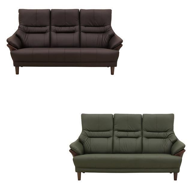 贅沢に本革を使用したハイバックソファ 3人掛け【グリーン】［幅171