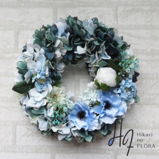 光触媒加工・壁掛けリース【wreath349】ハイドレンジアとアネモネなどの壁掛けです。wreath（リース）は永遠と健康と愛情の象徴です。
