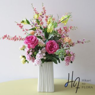 光触媒造花アレンジメント【アレグラ】ローズとオーキッドの豪華な、高さ９０センチの高級造花アレンジメントです。