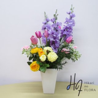 光触媒高級造花アレンジメント【レラシオン】デルフィニュームとチューリップの高級造花アレンジメントです。高さ６５ｃｍです