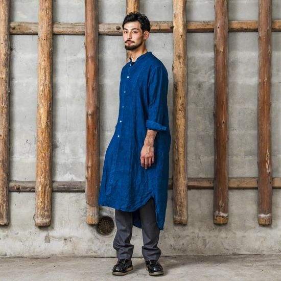 宝島染工　泥藍染シャツワンピース 宝島染工 泥藍染シャツワンピース 豊かな日々のための服づくり｜宝島染