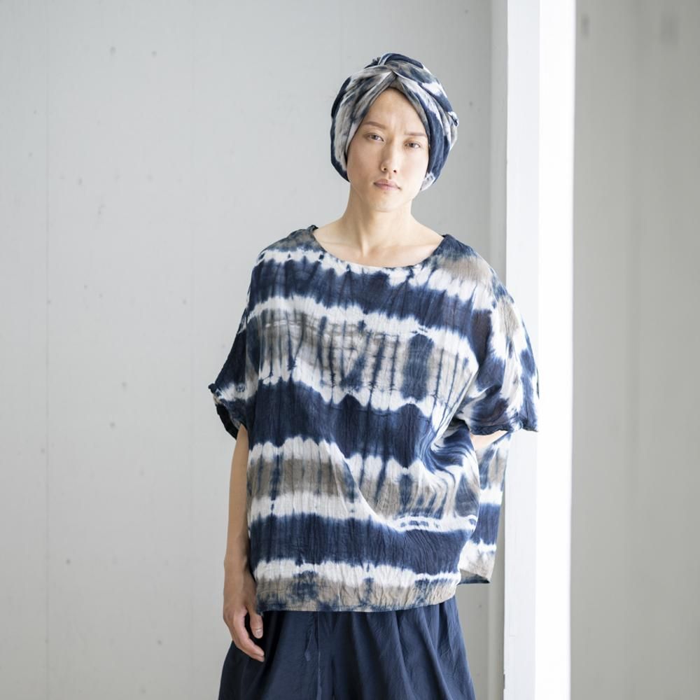 【2024年製 新品】 ハーフ ガーゼショール ボーダー絞り 宝島 | 藍染・泥染・草木染 トップス