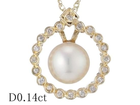 パール/7.3mm ダイヤ/0.14ct ネックレス K18YG H0304 - ネックレス