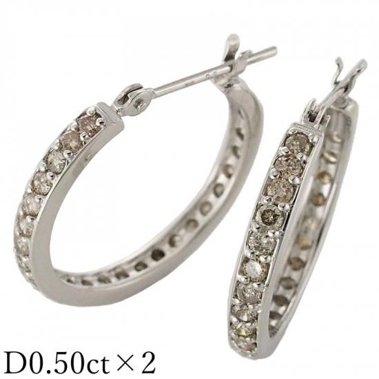 お礼や感謝伝えるプチギフト ダイヤモンド/0.50ct×2 フープ ピアス K18WG - ジュエリー・時計 アクセサリー