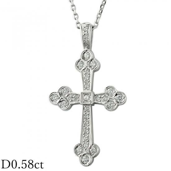 ダイヤモンド/0.58ct クロス ネックレス K18WG - ジュエリー