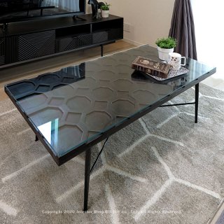 ローテーブル リビングテーブル センターテーブル ガラステーブル 幅120cm 重厚感のある幾何学パターンの天板 クールモダン モダンリビング ブラック モノトーン