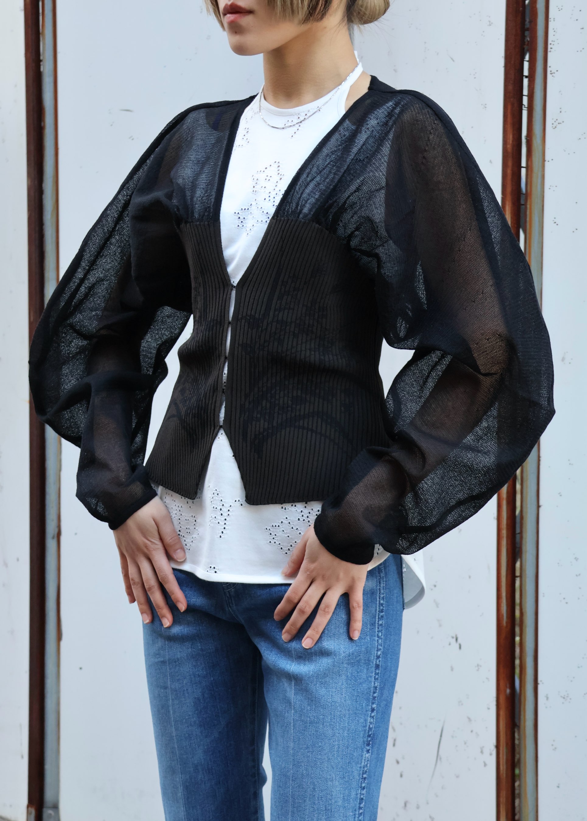 Mame Kurogouchi:Sheer Rounded Sleeve Knitted Cardigan Mame Kurogouchi:Sheer Rounded Sleeve Knitted Cardigan