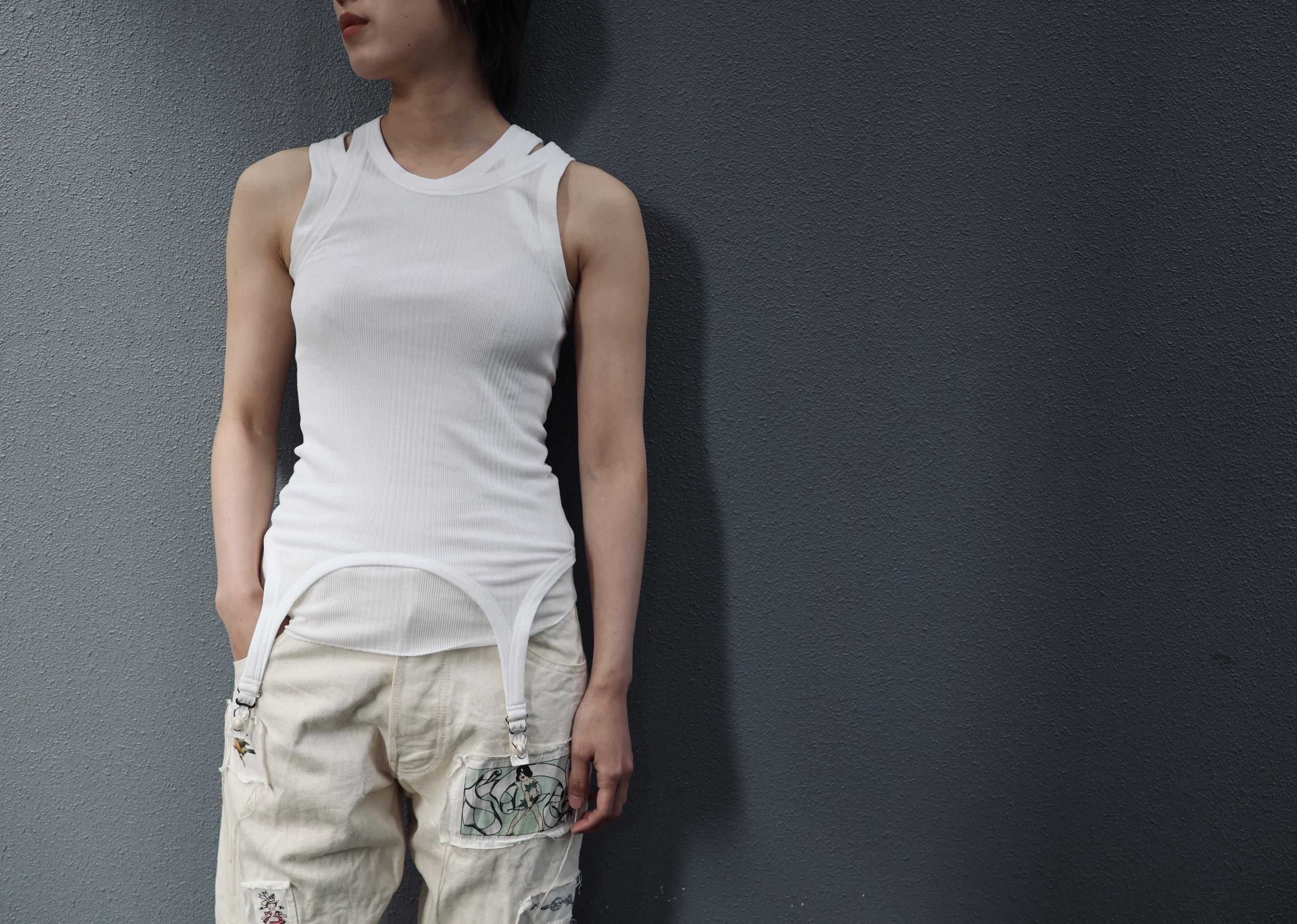 FUMIKA UCHIDA： NEEDLE DRAWING GARTER TANKTOP - WHITE
