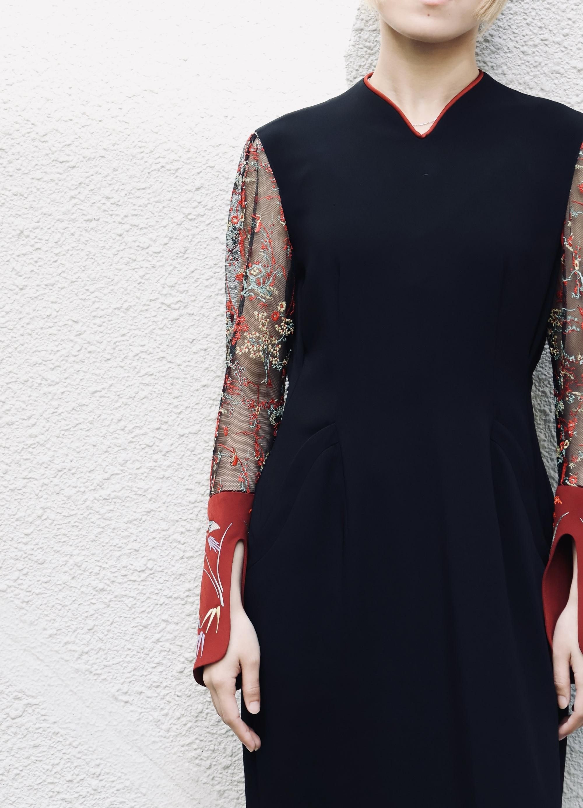 Mame Kurogouchi:Acetate Polyester Floral Lace-Sleeve Dress Mame Kurogouchi:Acetate Polyester Floral Lace-Sleeve Dress