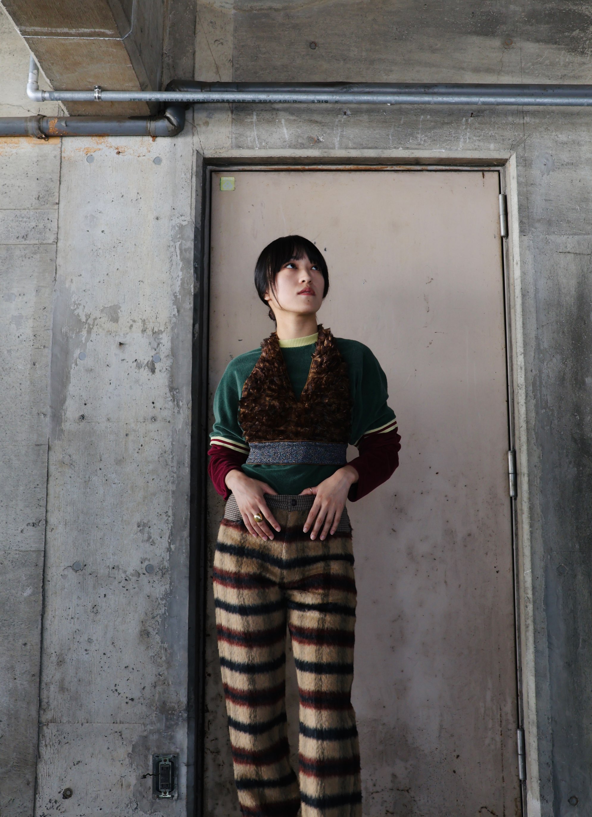 FUMIKA UCHIDA: PILE SWITCHING DOUBLE SLEEVE TEE - GREEN FUMIKA UCHIDA: PILE SWITCHING DOUBLE SLEEVE TEE - GREEN