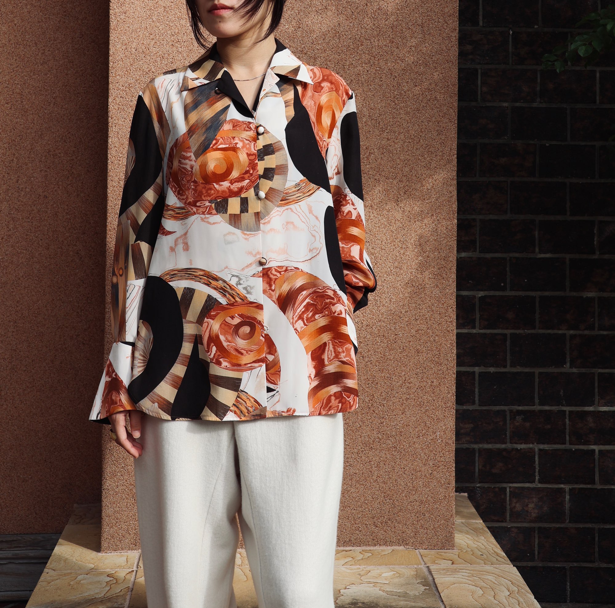 Mame Kurogouchi：Marble Print Open‐Collar Shirt - WHITE