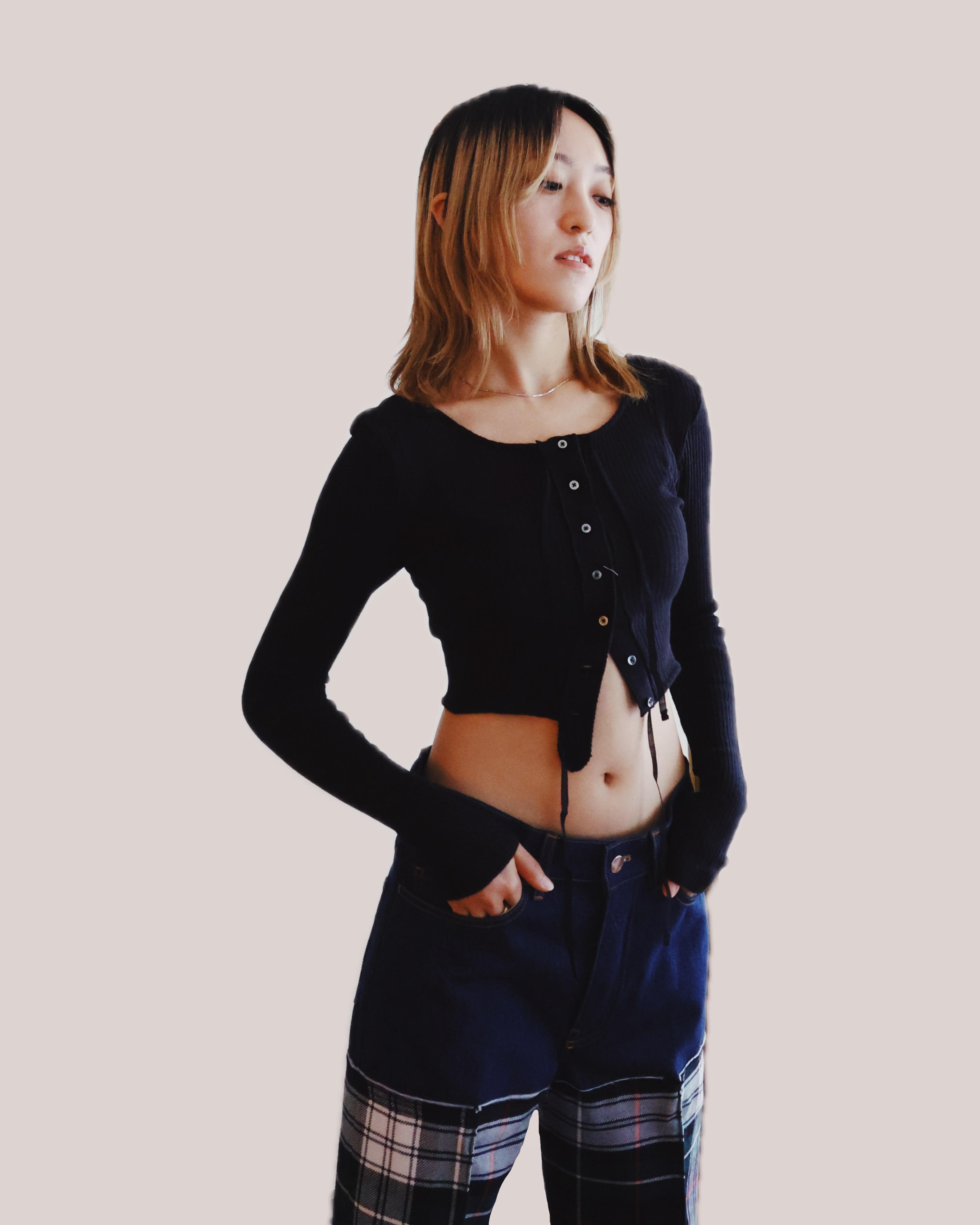 FUMIKA UCHIDA: VINTAGE RIBBED CORSET LONGSLEEVE TOP - BLACK FUMIKA UCHIDA: VINTAGE RIBBED CORSET LONGSLEEVE TOP - BLACK