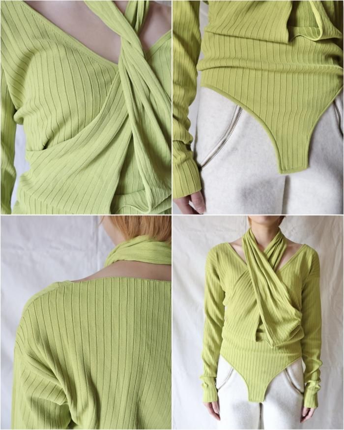 FUMIKA UCHIDA: WIDE RIB CROSS FRONT BODYSUIT - LIME - ORANN FUMIKA UCHIDA: WIDE RIB CROSS FRONT BODYSUIT - LIME - ORANN