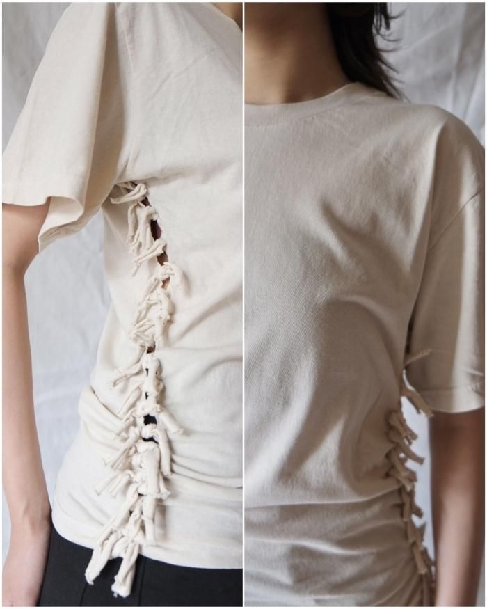 FUMIKA UCHIDA: OVERDYED SIDE SHIRRING TEE - OFFWHITE FUMIKA UCHIDA: OVERDYED SIDE SHIRRING TEE - OFFWHITE