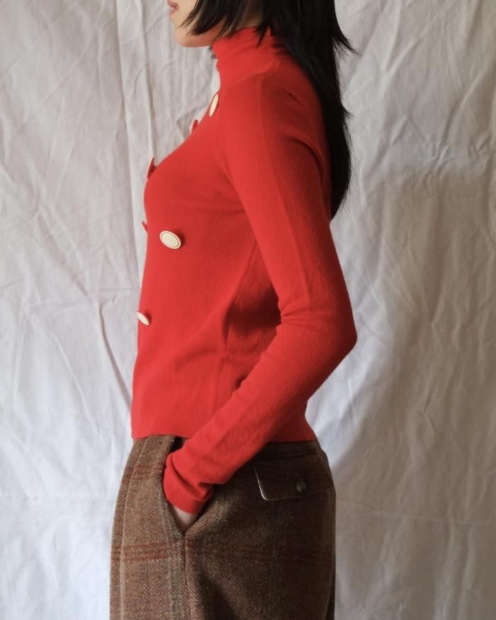 FUMIKA UCHIDA: CASHMERE/HIGH NECK BUTTONED SWEATER - TOMATO FUMIKA UCHIDA: CASHMERE/HIGH NECK BUTTONED SWEATER - TOMATO