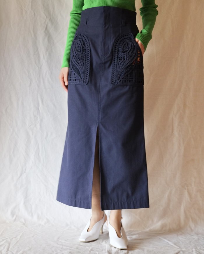 Mame Kurogouchi：Cording Embroidered Nep-Cotton Skirt - NAVY 
