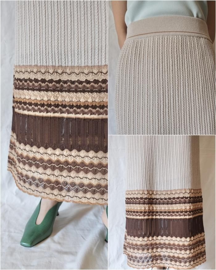 Mame Kurogouchi:Multi Pattern Knitted Skirt - BEIGE - ORANN Mame Kurogouchi:Multi Pattern Knitted Skirt - BEIGE - ORANN