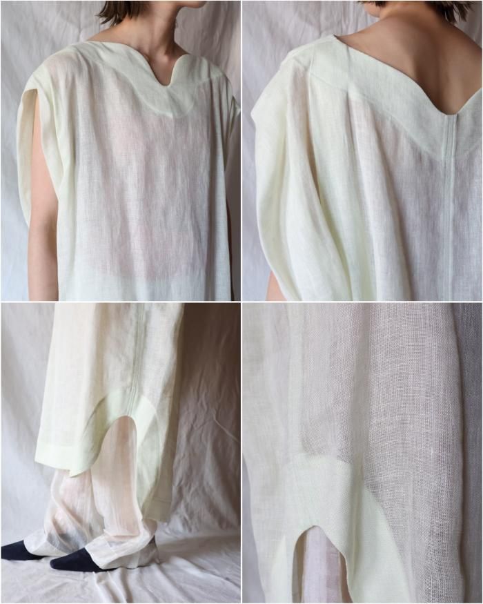 Mame Kurogouchi：Kaya Linen Sheer Dress - PALE GREEN - ORANN