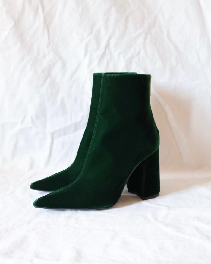 Mame Kurogouchi：Velvet Pointed Toe Boots - GREEN - ORANN