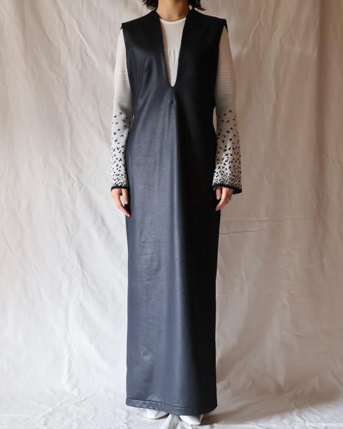 Mame Kurogouchi：Plungded Long Sweatshirt Dress - BLACK - ORANN