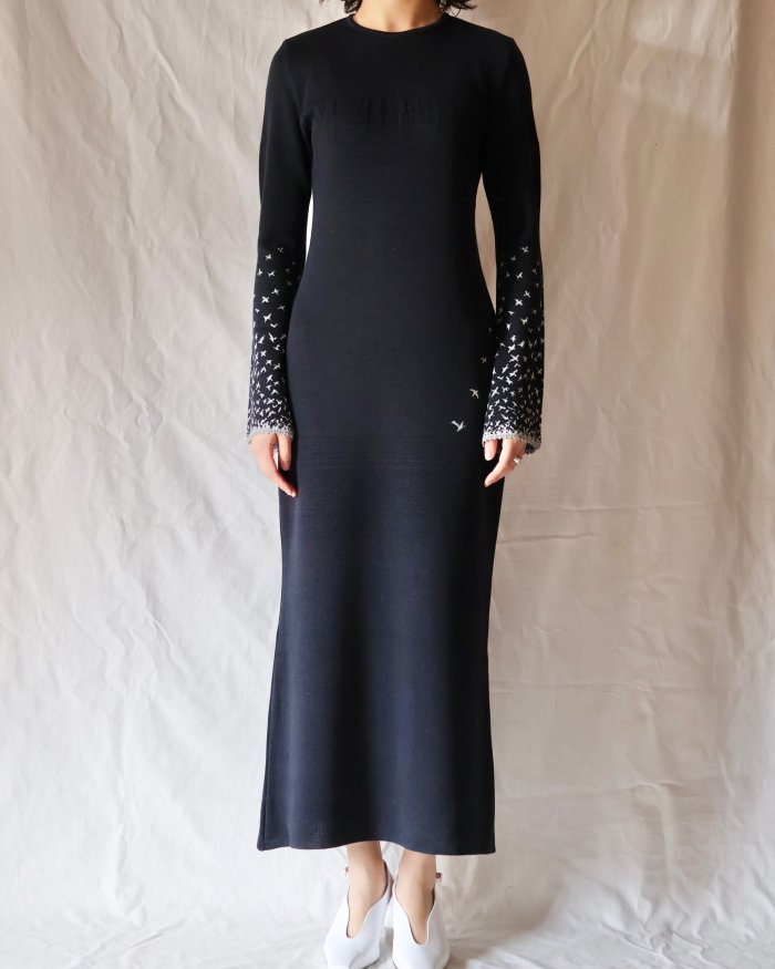 Mame Kurogouchi：Crane Pattern Jacquard Knitted Dress - NAVY ...