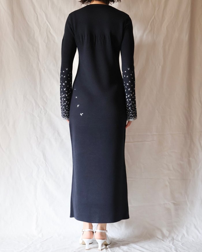 Mame Kurogouchi：Crane Pattern Jacquard Knitted Dress - NAVY 