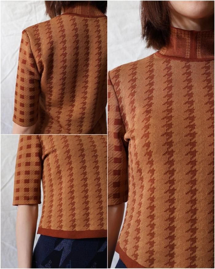 Mame Kurogouchi：Multi Plaid Geometric Cropped Knit Top