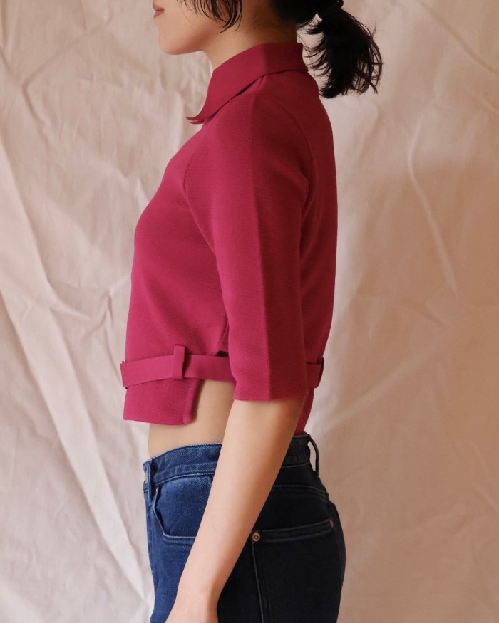 FUMIKA UCHIDA： KNITTED MINI POLO HALF-ZIP TOP - BEETS - ORANN