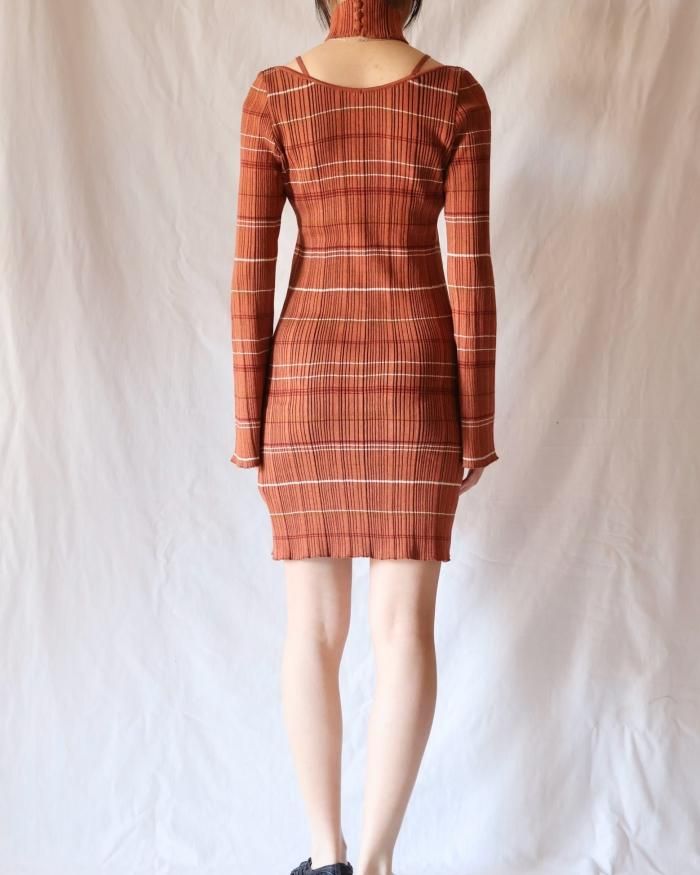 Mame Kurogouchi:Random Ribbed Plaid Knitted Dress With Choker