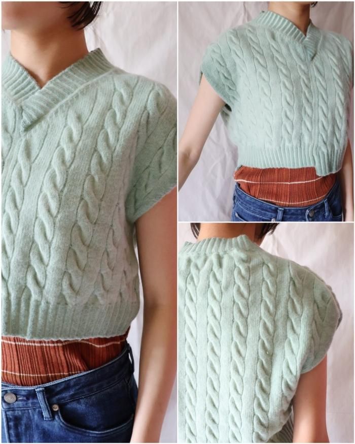 Meryll Rogge：OVERDYED CROPPED V-NECK CABLE SWEATER - MINT