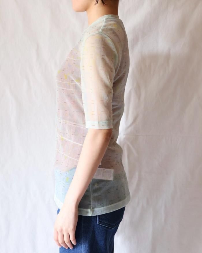 Mame Kurogouchi：Marble Printed Plaid Sheer Crew Neck Top - MINT