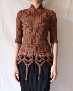 Mame Kurogouchi：Basket Weave Detailed Knitted Top - BROWN