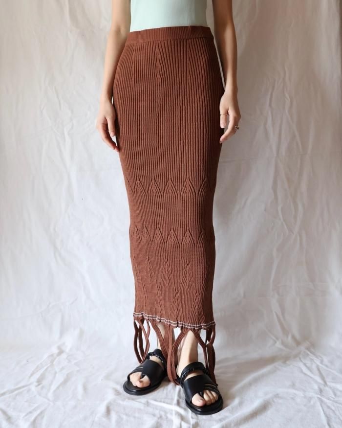 Mame Kurogouchi:Basket Weave Detailed Knitted Skirt - BROWN Mame Kurogouchi:Basket Weave Detailed Knitted Skirt - BROWN