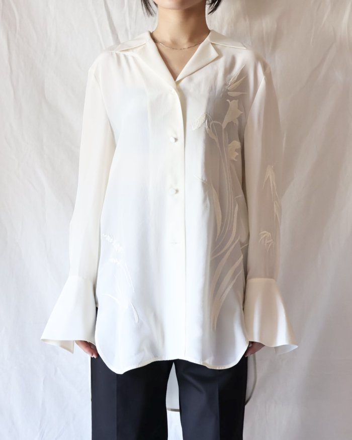Mame Kurogouchi：Silk Cupra Floral Embroidery Open Collar Shirt - ECRU -  ORANN 通販サイト
