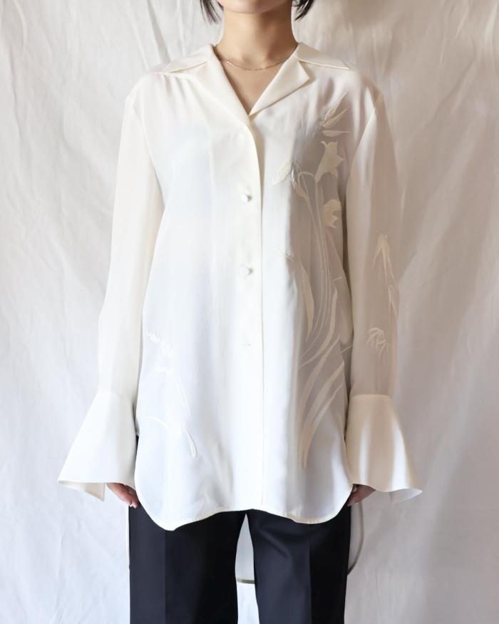 Mame Kurogouchi：Silk Cupra Floral Embroidery Open Collar Shirt