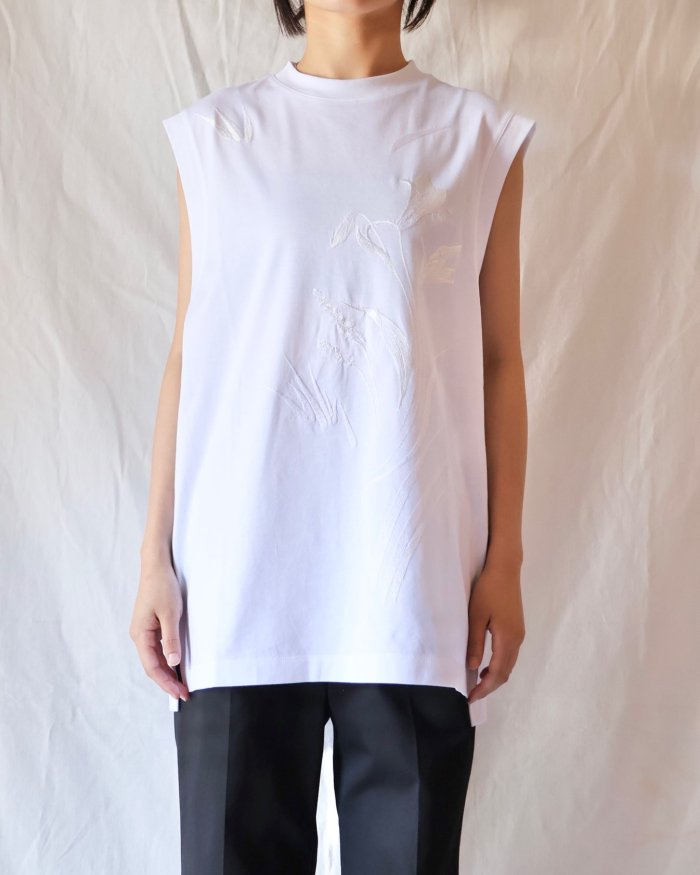 Mame Kurogouchi：Suvin Cotton Jersey Emboridery Top   WHITE