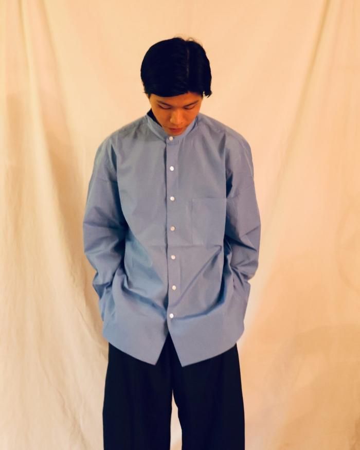 Cristaseya：HANDMADE MAO SHIRT WITH FRINGED COLLAR   BLUE POPLIN