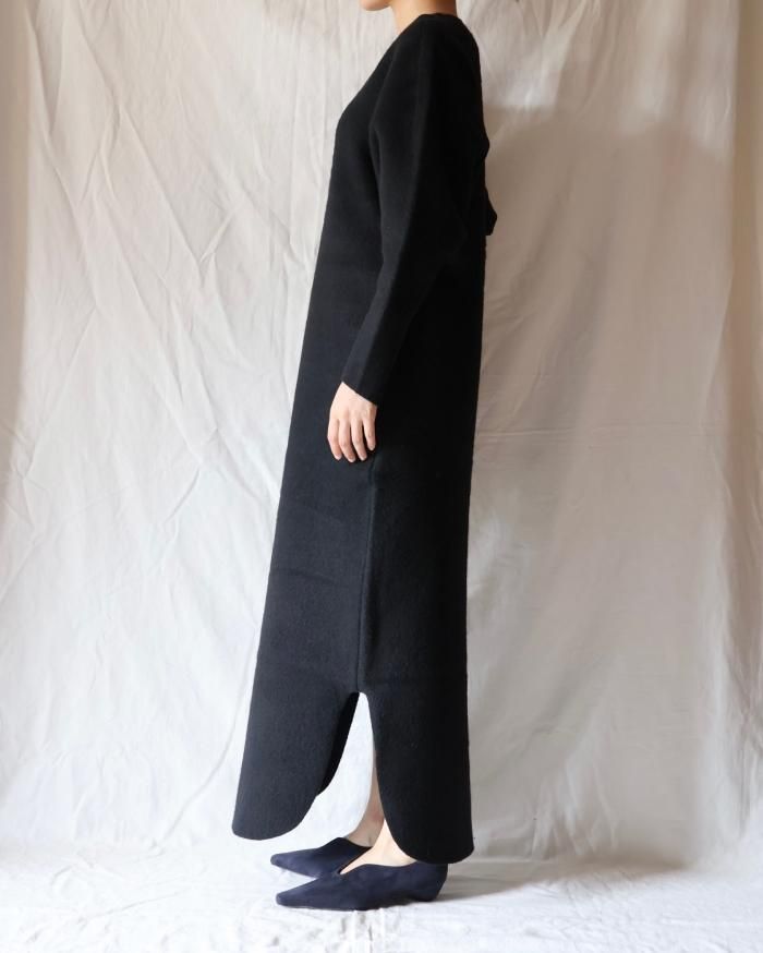 Mame Kurogouchi：Wool Cashmere Frilled Knitted Dress - BLACK