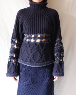 Mame KurogouchiBasket Pattern Combination Knitted Pullover - NAVY