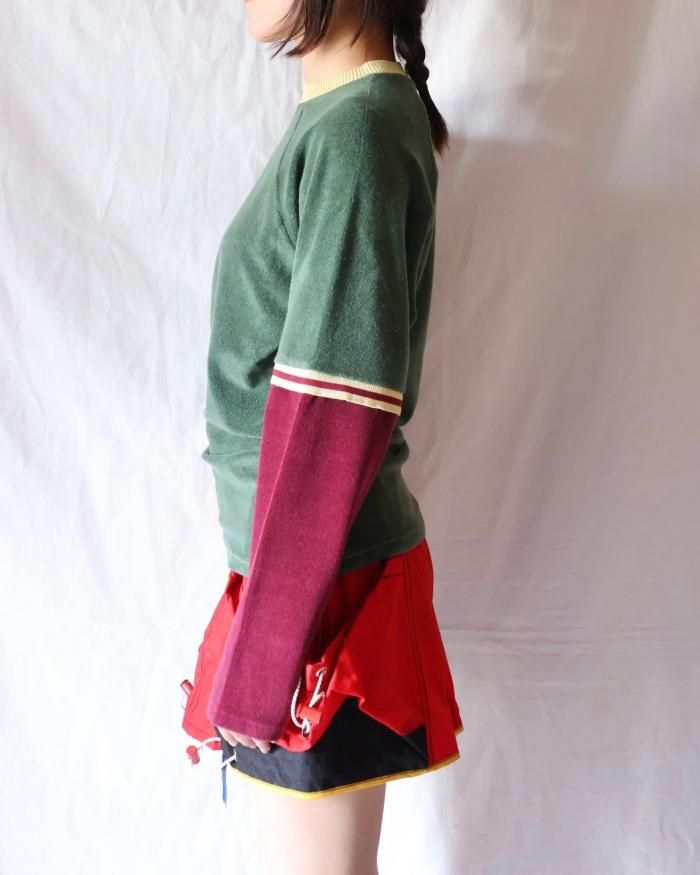 FUMIKA UCHIDA: PILE SWITCHING DOUBLE SLEEVE TEE - GREEN FUMIKA UCHIDA: PILE SWITCHING DOUBLE SLEEVE TEE - GREEN