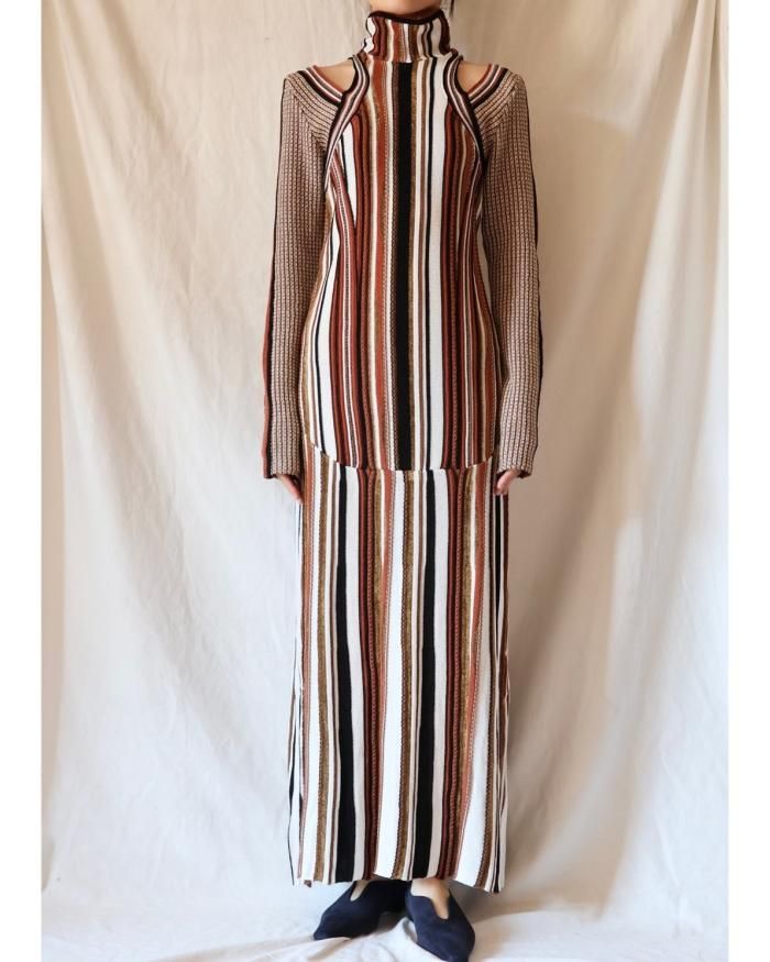 Mame Kurogouchi:Stripe Jacquard High Neck Knitted Dress Mame Kurogouchi:Stripe Jacquard High Neck Knitted Dress