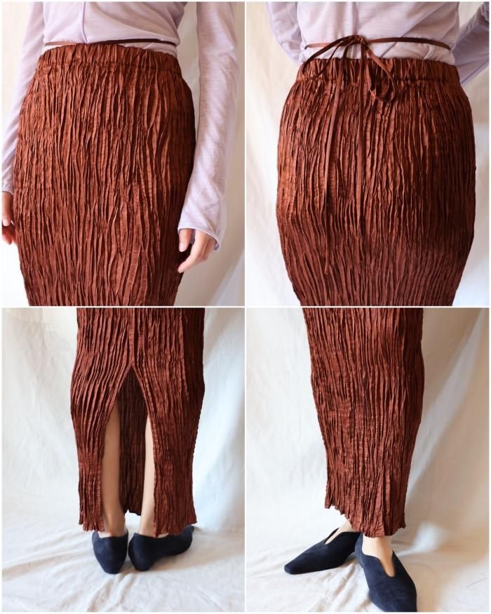 Mame Kurogouchi:Wrinkle Pleats I-line Skirt - BROWN - ORANN Mame Kurogouchi:Wrinkle Pleats I-line Skirt - BROWN - ORANN