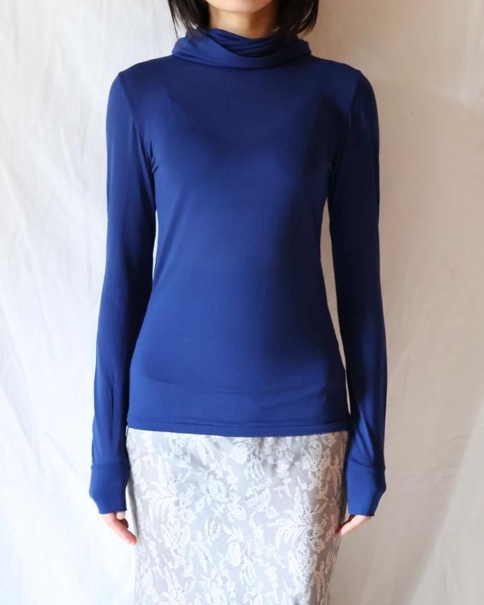 FUMIKA UCHIDA: NYLON RIBBED NECK HOODED TOP - NAVY - ORANN FUMIKA UCHIDA: NYLON RIBBED NECK HOODED TOP - NAVY - ORANN